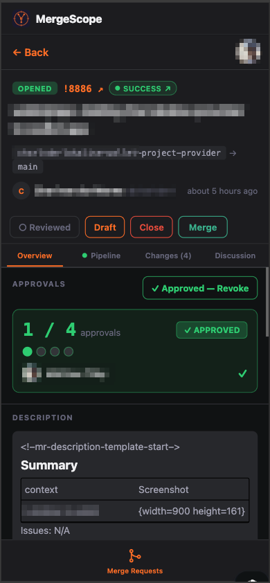 MergeScope MR detail with approvals